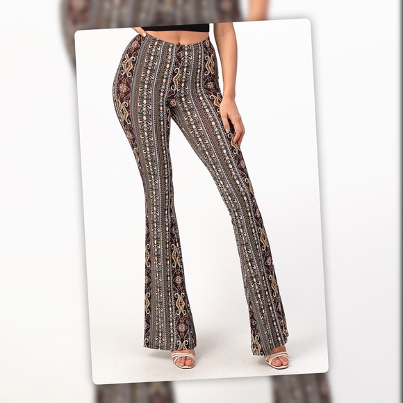 Tik Tok Famous Brown Multi Tribal Print Bell Bottom Flare Stretch Pants - Picture 5 of 12